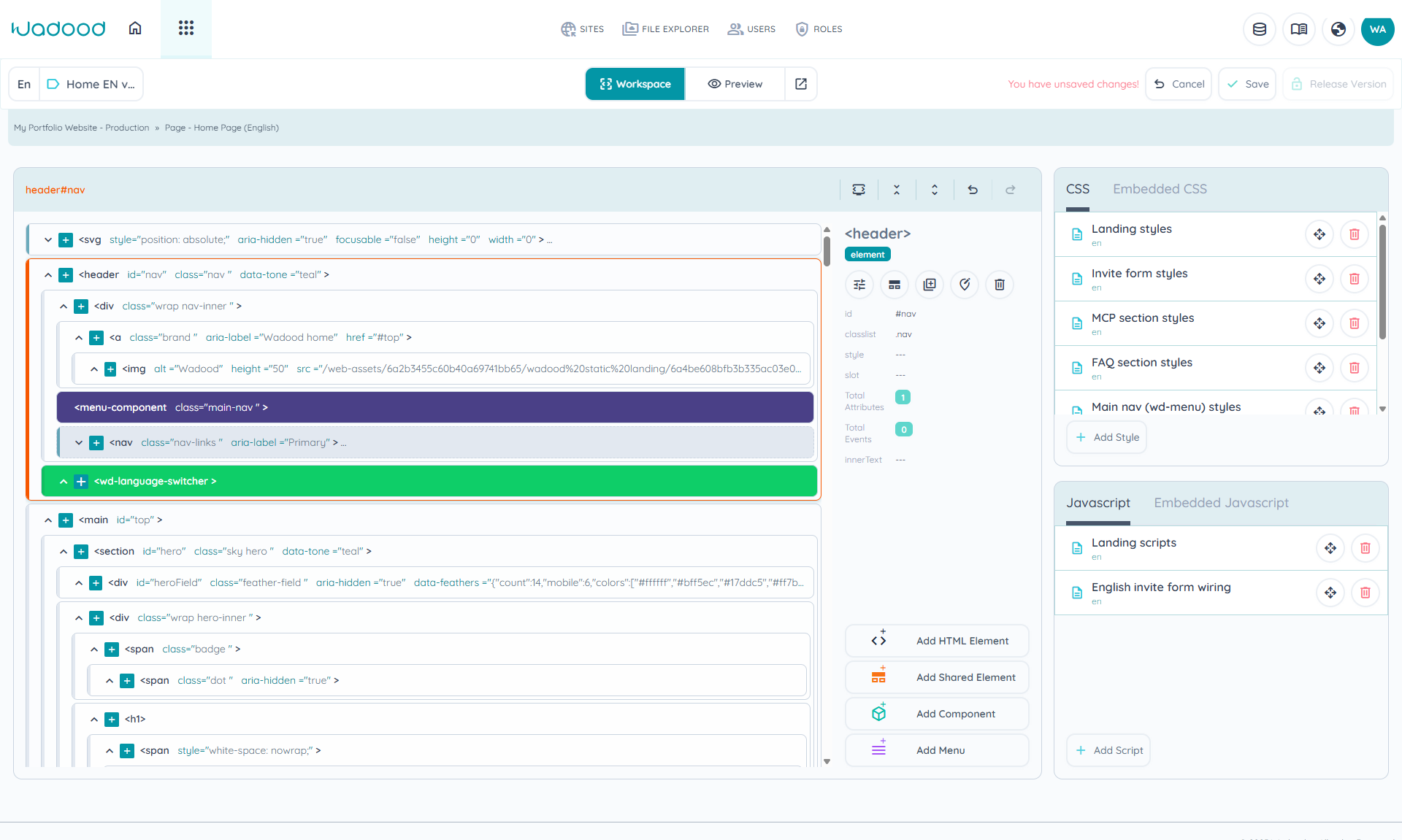 The Wadood page builder showing the element tree, styles and scripts for this page